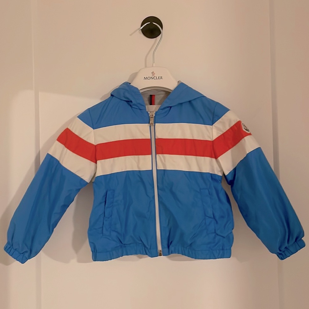 Moncler designer blue & orange toddler hooded windbreaker with jersey lining